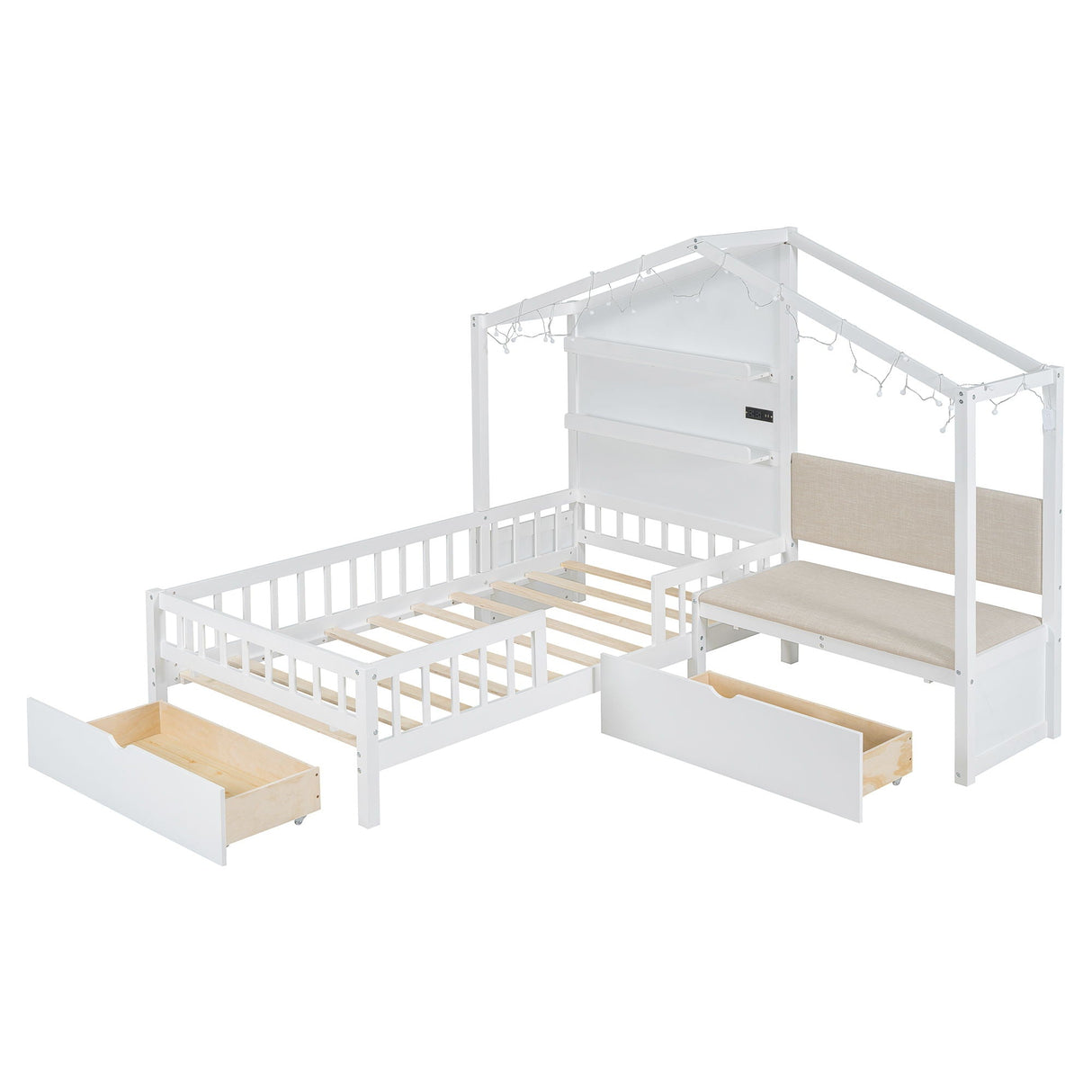 House Bed With Upholstered Sofa, Wireless Charging Station, Shelves And 2 Drawers by Couch.com