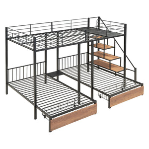 Full Over Twin-Twin Triple Bunk Bed With Drawers And Staircase - Black by Couch.com