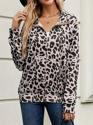 Modern Full Size Leopard Black White Collared Neck Zip Up Jacket  Stylish & Comfortable Everyday Wear