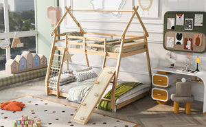 Twin Over Queen House Bunk Bed With Climbing Nets And Climbing Ramp by Couch.com