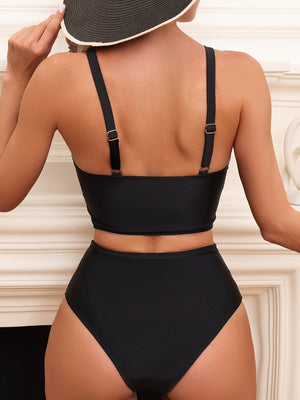 Bikini Solid Black Twist Front High Waist 2 Piece Swimsuit for Women – Stretchy V Neck Bikini Set with Ruched Tummy Control and Cross Strape Detail – Quick Drying Polyamide Swimwear for Beachwear Poolside and Summer Travel