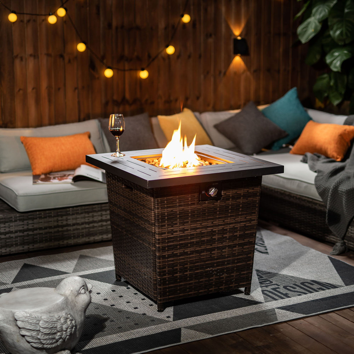 28" Wicker Square Fire Pit Table - Black Brown by Couch.com