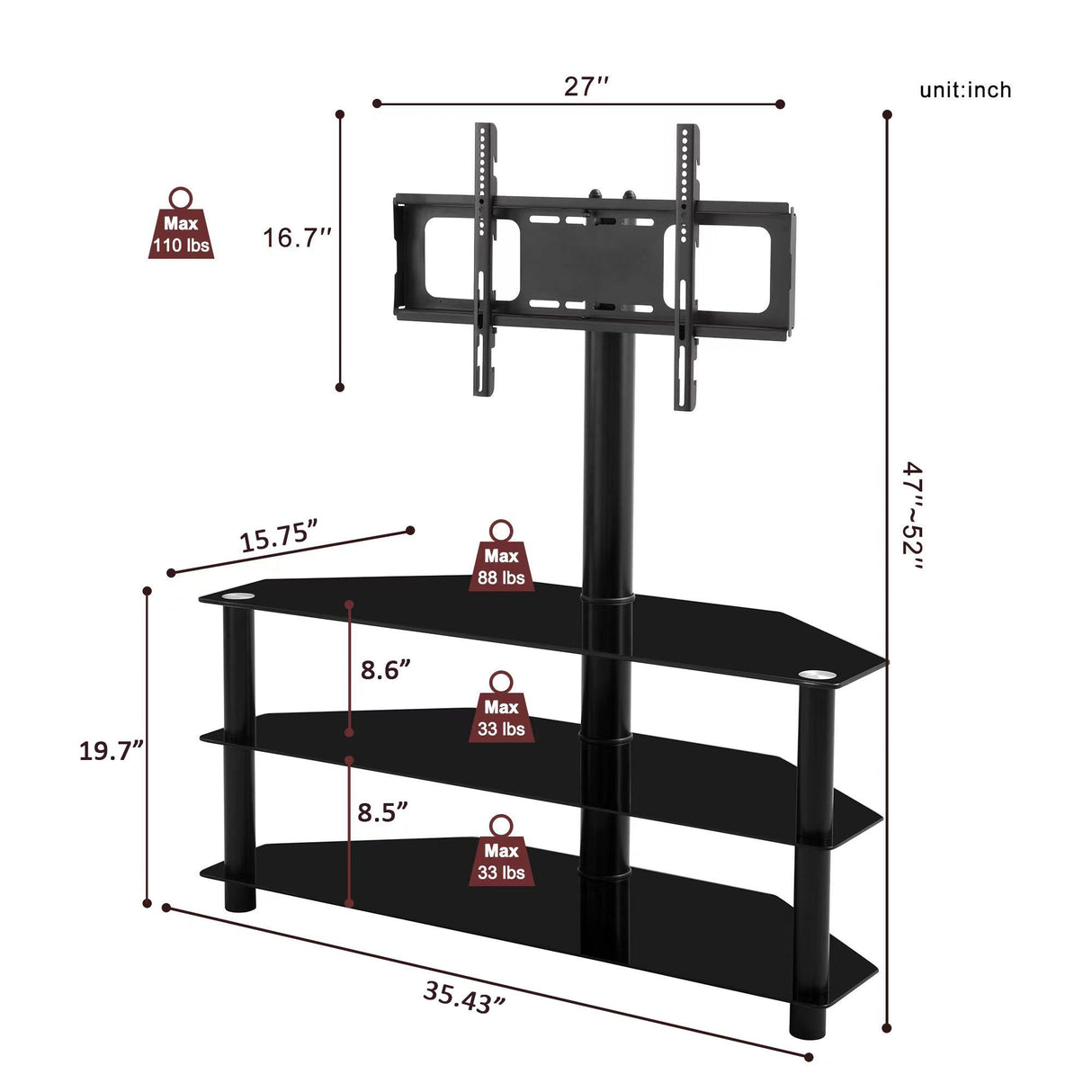 Multi-Function TV Stand Height Adjustable Bracket Swivel 3 Tier - Black by Couch.com