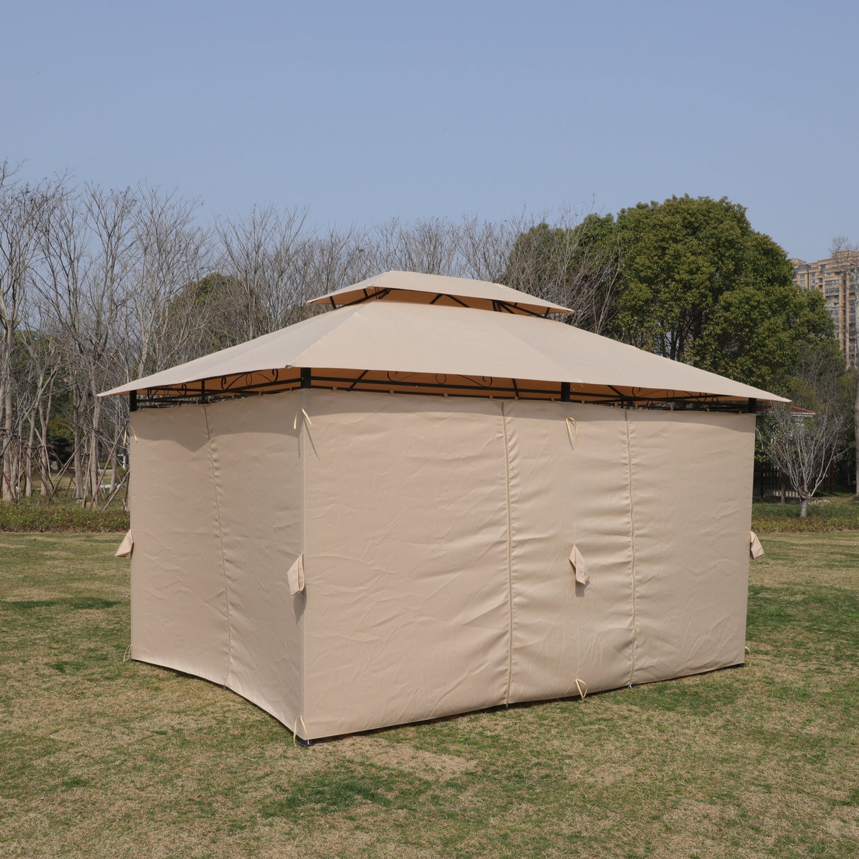 Khaki Outdoor Patio Gazebo Canopy Tent with Ventilated Double Roof