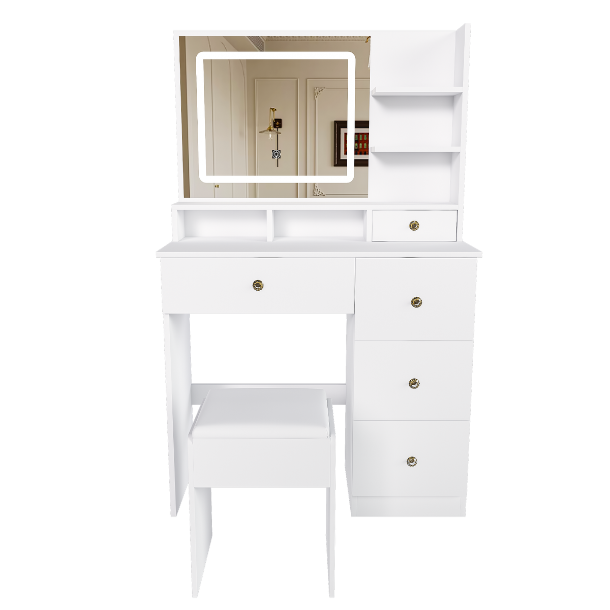 White Fashion Vanity Desk with Mirror, 3-Color Lighting, 5 Drawers, Hair Dryer Stand, Power Socket, and Stool - MDF Construction