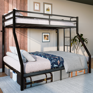 Heavy Duty Twin Over Queen Bunk Bed, Sturdy Metal Bunk Bed Frame with Flat Ladder & Full-Length Guardrail, 1000 lbs Capacity, Noise-Free, Easy Assembly, Space-Saving Industrial Bunk Beds , Black