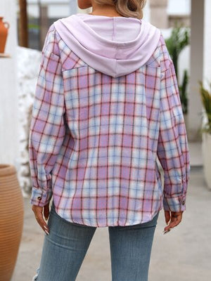 Plaid Buttoned Long Sleeve Hooded Jacket for Women – Cozy & Stylish Cotton-Blend Outerwear
