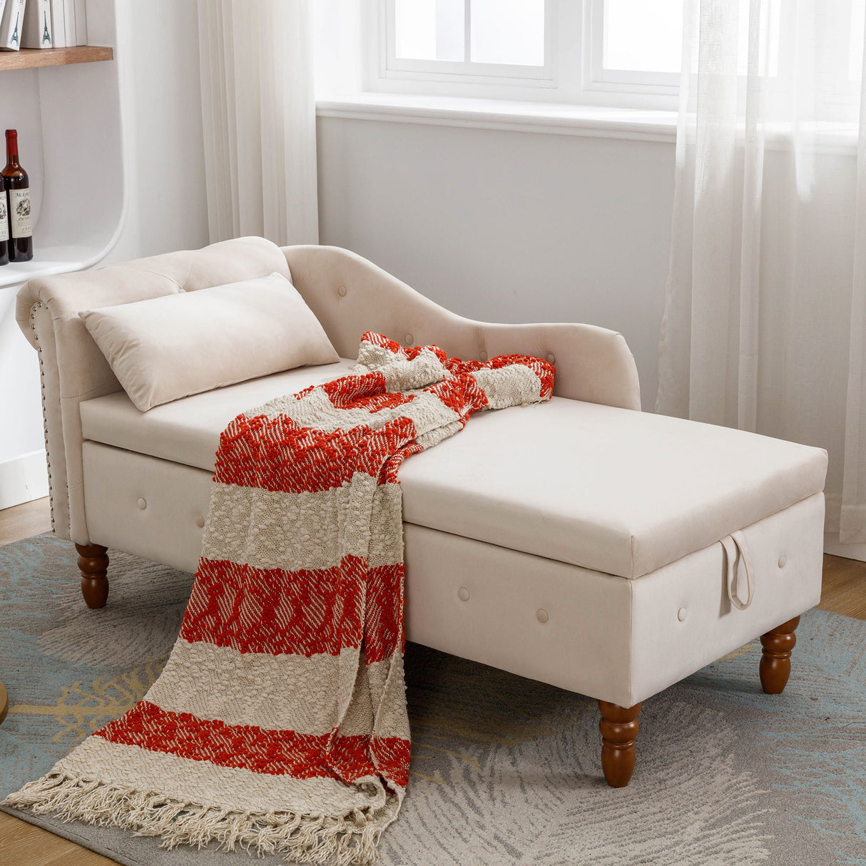 Chaise Lounge Indoor, Velvet Lounge Chair For Bedroom With Storage & Pillow, Modern Upholstered Rolled Arm Chase Lounge For Sleeping With Nailhead Trim For Living Room Bedroom Office by Couch.com