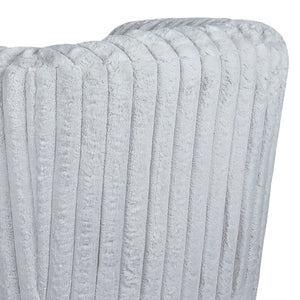 The Mira - Modern Comfort Swivel Chair features a soft, plush light gray fabric with a vertical ribbed texture, reminiscent of a cozy blanket or upholstery. Its material appears fluffy and comforting.