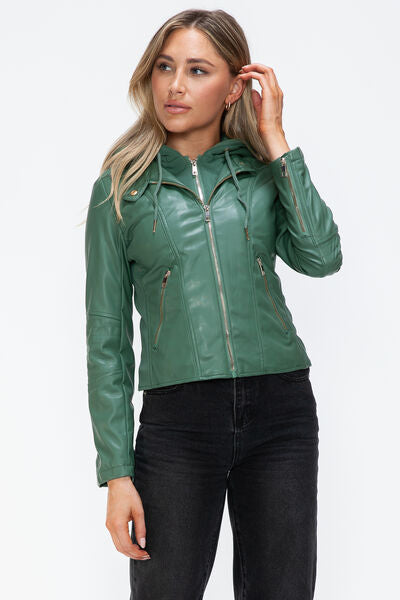 Women Classic Snobbish Faux Leather Zip-Up Drawstring Hooded Jacket Edgy & Casual PU Leather Jacket For Streetwear
