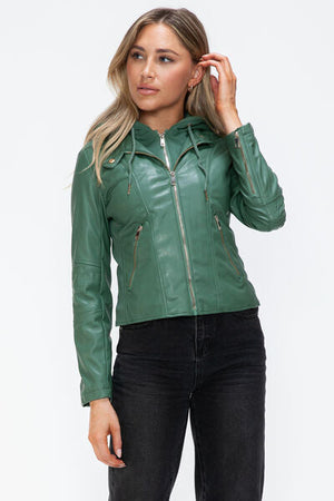 Women Classic Snobbish Faux Leather Zip-Up Drawstring Hooded Jacket Edgy & Casual PU Leather Jacket For Streetwear