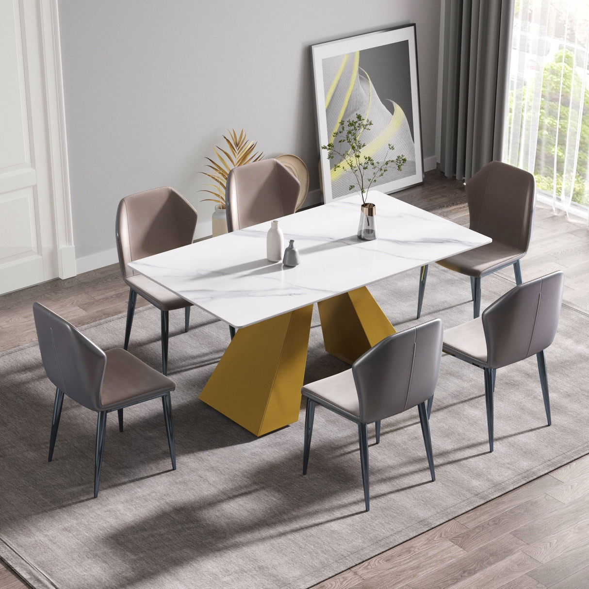 63" Modern Artificial Stone Straight Edge Golden Metal Leg Dining Table - White / Gold by Couch.com