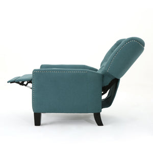 A side view of the Modern Push Back Recliner in teal shows the chair extended with a footrest, featuring nailhead trim on the armrests and dark wooden legs, set against a plain white background.