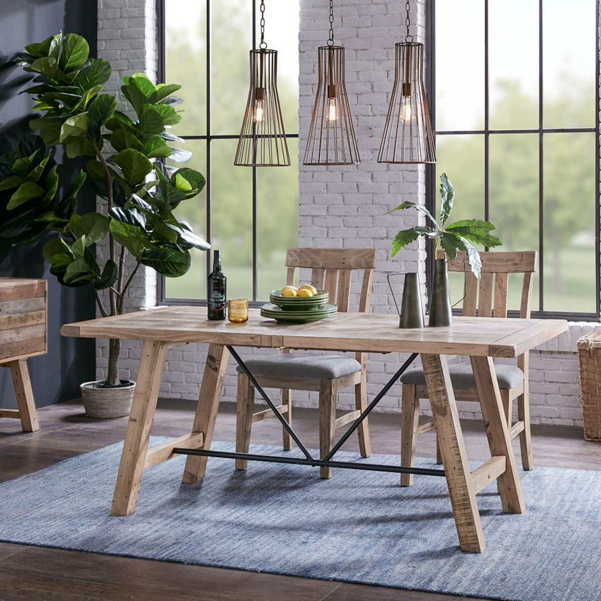 Rustic Dining Table with Metal Support in Natural Pine Wood Finish