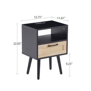 15.75" Rattan End Table With Power Outlet & USB Ports, Modern Nightstand With Drawer And Solid Wood Legs, Side Table For Living Room, Bedroom by Couch.com