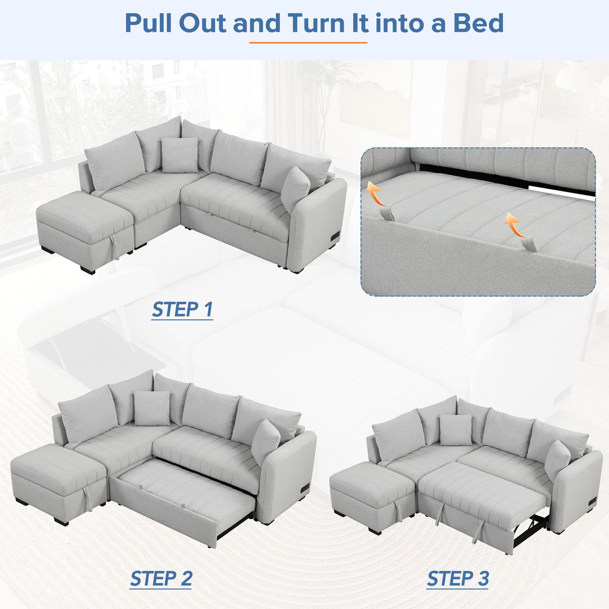 L-Shaped Sectional Pull Out Sofa Bed Sleeper Sofa With Two USB Ports, Two Power Sockets And A Movable Storage Ottoman by Couch.com