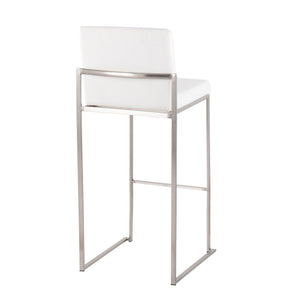 The Fuji - Contemporary and Modern Elegance High Back Barstool features a white cushioned seat and backrest with a sleek brushed steel frame, shown at an angle to highlight its stylish back and side design.