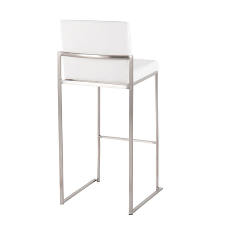 The Fuji - Contemporary and Modern Elegance High Back Barstool features a white cushioned seat and backrest with a sleek brushed steel frame, shown at an angle to highlight its stylish back and side design.