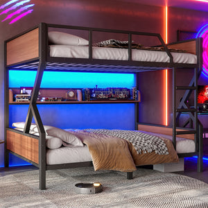 Full over Full Bunk Bed, Metal Bunk Bed featuring Storage Shelves and Lights, Space-Saving, Noise-Free Design, Black