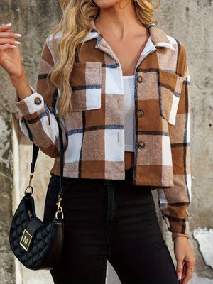 Women Brown Plaid Collared Neck Cropped Jacket Trendy & Versatile Outerwear
