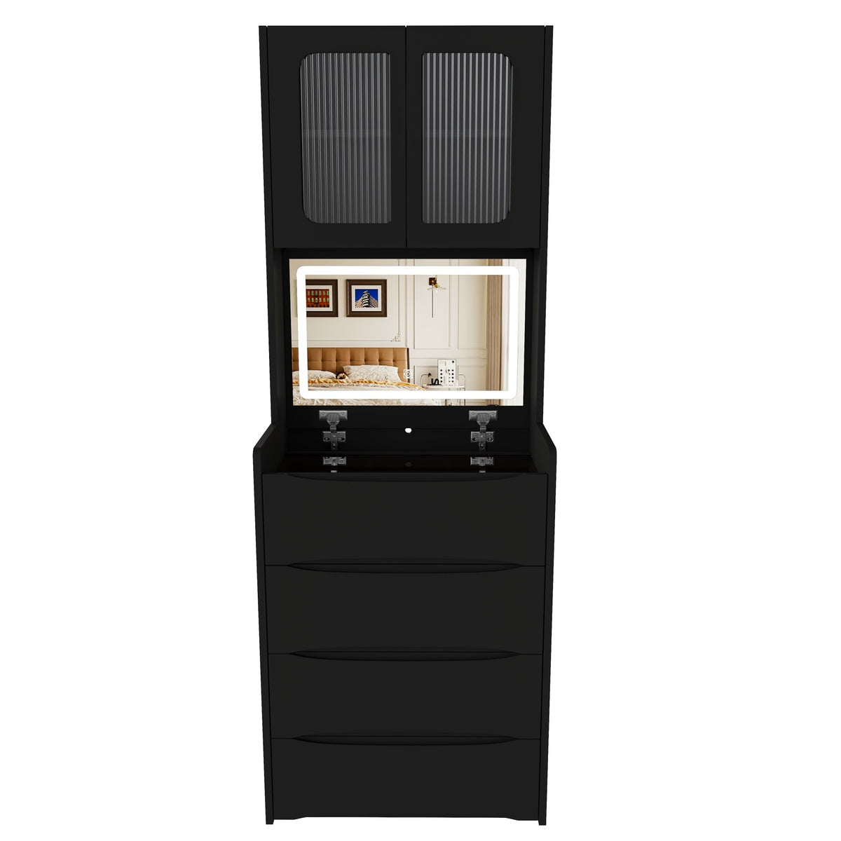 3-in-1 Black Vanity Table with LED Mirror & Storage Stool, Flip Top Makeup Dressing Table with Adjustable Lights, 5 Storage Spaces Cosmetic Organizer for Bedroom