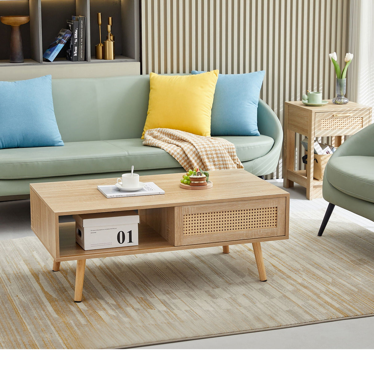 41.34" Rattan Coffee Table, Sliding Door For Storage, Solid Wood Legs, Modern Table For Living Room by Couch.com