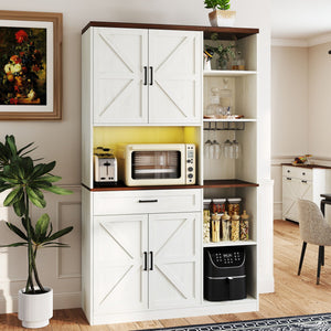 Farmhouse Kitchen Pantry Sideboard With Cabinet And Drawer, Multi Functional Kitchen Buffet With Hutch And Glass Holder, Microwave Stand With Charging Station - Brown / Antique White by Couch.com