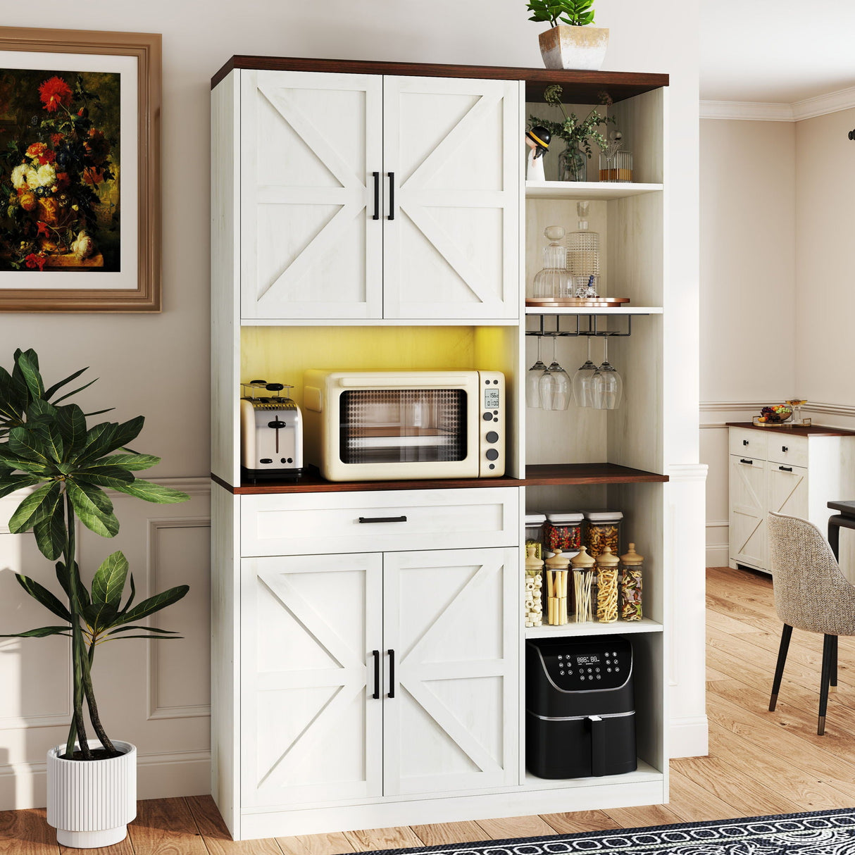 Farmhouse Kitchen Pantry Sideboard With Cabinet And Drawer, Multi Functional Kitchen Buffet With Hutch And Glass Holder, Microwave Stand With Charging Station - Brown / Antique White by Couch.com
