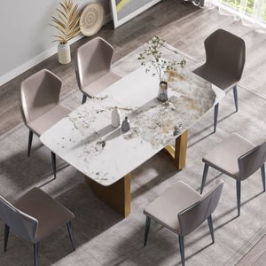 63" Artificial Stone Pandora White Curved Golden Metal Leg Dining Table, 6 People - Antique White / Gold by Couch.com