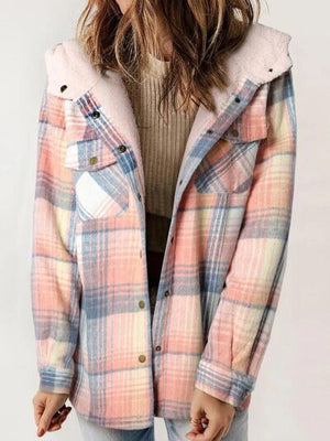 Plaid Snap Down Plush Hooded Jacket Soft & Warm Women Outerwear Cozy And Comfortable Jacket