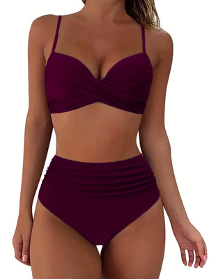 Tropical Vibe High Waist Bikini Set – Flirty V-Neck Swimsuit with Layered Colorblock High Cut Bottom Crisscross Strap Detail & Ultra-Stretch Comfort – Women's Two Piece Swimwear for Summer Beach Pool & Vacation Fun