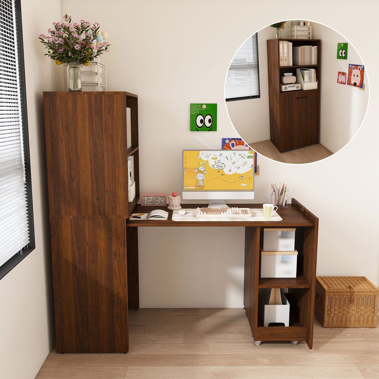 Stretchable Office Desk With Storage Shelves And Mobile Wheels
