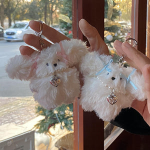 Niche Girl Heart Ribbon Pearl Bow Bunny Keychain Plush Pendant