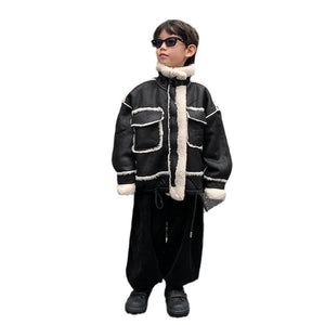 Boy's Leather Jacket Fleece Padded Coat Autumn And Winter Clothing