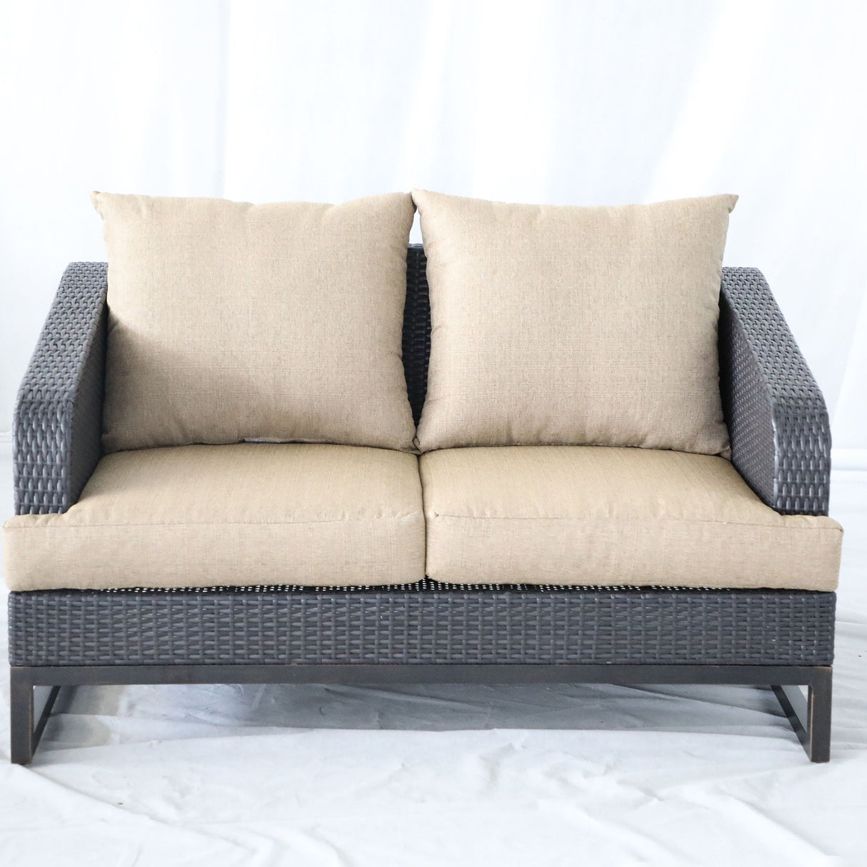 Comal - Outdoor Furniture, Wicker Loveseat With Cushions - Beige / Chocolate by Couch.com