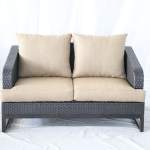 Comal - Outdoor Furniture, Wicker Loveseat With Cushions - Beige / Chocolate by Couch.com