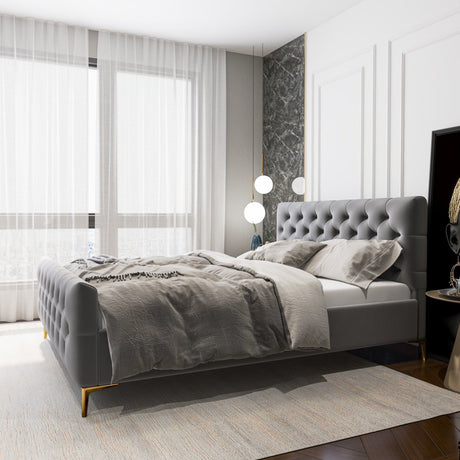 A modern bedroom features the Bailey - Elegant Design Bed with grey bedding. Large windows bring in sunlight, softened by sheer white curtains. The setting is serene, with a textured grey accent wall and minimalist decor enhancing the tranquil vibe.