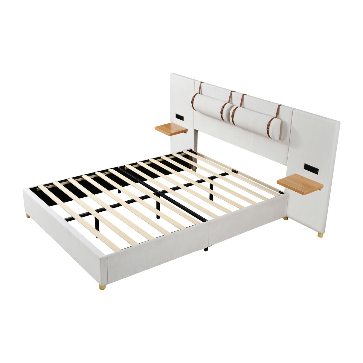Upholstered Platform Bed, 2 Outlets And USB Charging Ports On Both Sides, 2 Bedside Pillows, Storage Shelves by Couch.com