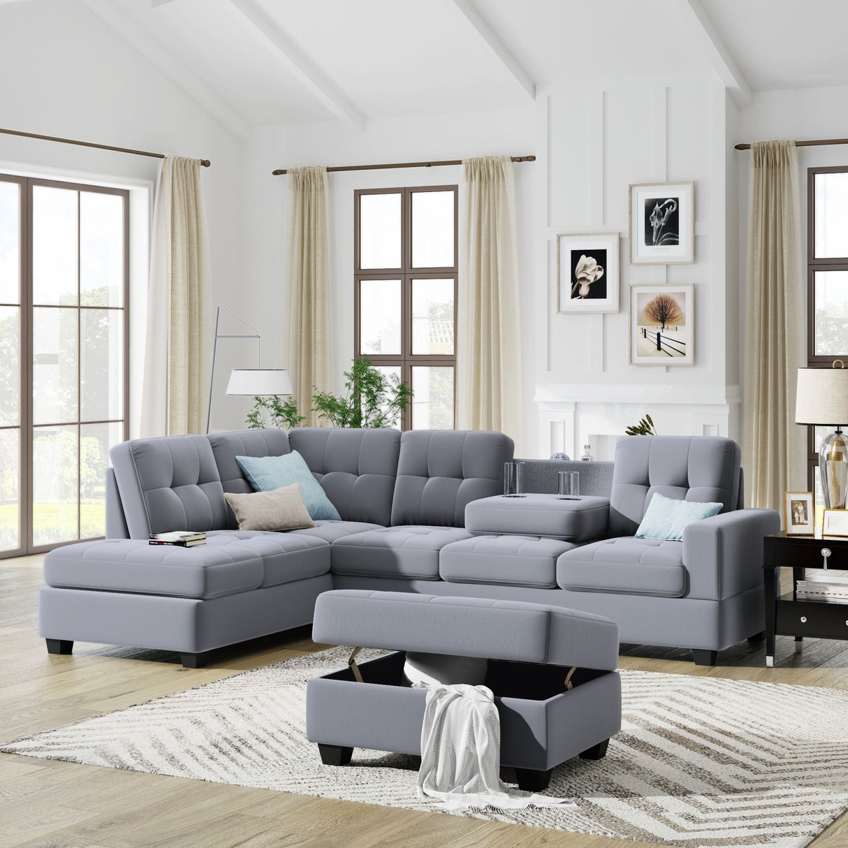 Sectional Sofa With Reversible Chaise Lounge, L-Shaped Couch With Storage Ottoman And Cup Holders by Couch.com