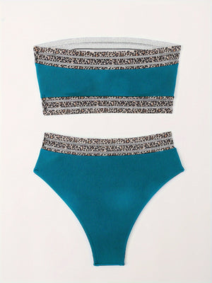 Bikini Leopard Print High Waist Bandeau 2 Piece Swimsuit for Women – Super Stretchy Bikini Set with Seductive Mesh Detail and Flattering Fit – Chic Animal Print Swimwear for Beachwear Poolside and Summer Vacations