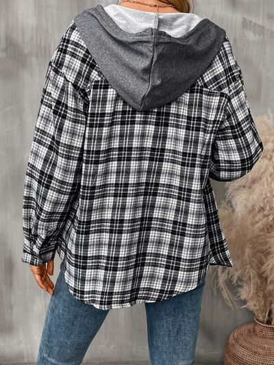 Plaid Buttoned Long Sleeve Hooded Jacket for Women – Cozy & Stylish Cotton-Blend Outerwear