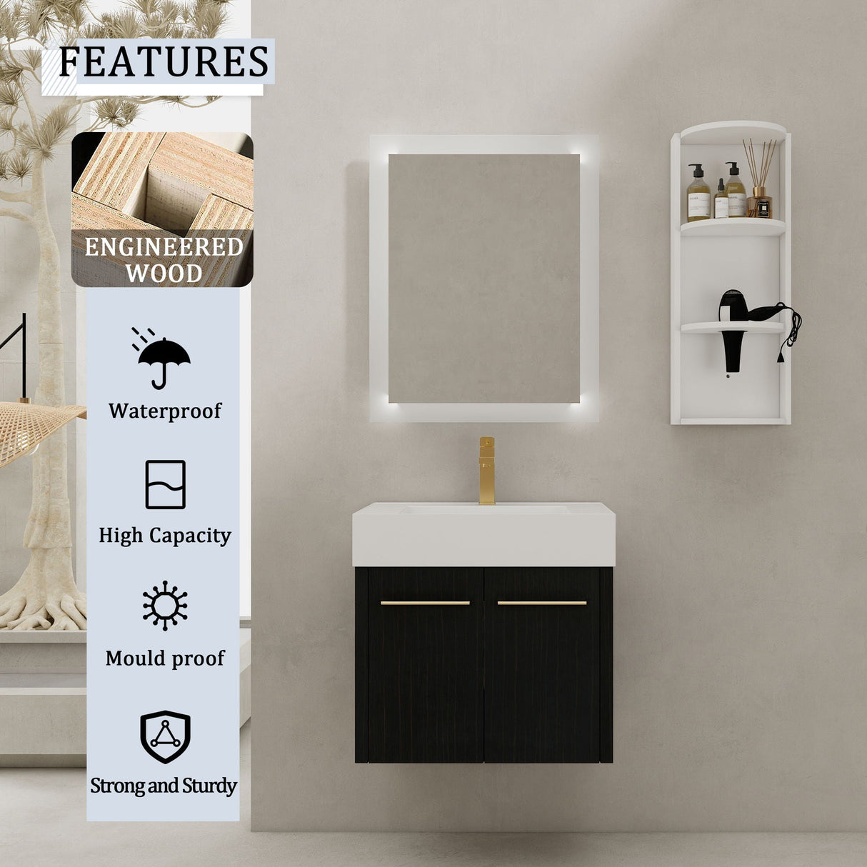 Modern Wall Mounted Bathroom Vanity With Resin Sink and Storage Rack