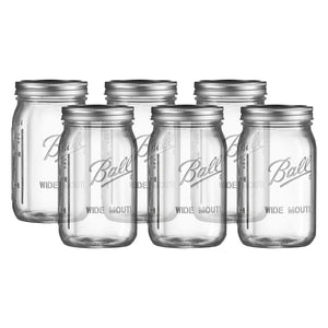 Ball Wide Mouth Glass Mason Jars with Lids and Bands Used for Canning Pickling Juice Jam Jelly Quart Size 32 Ounce (Pack of 6)