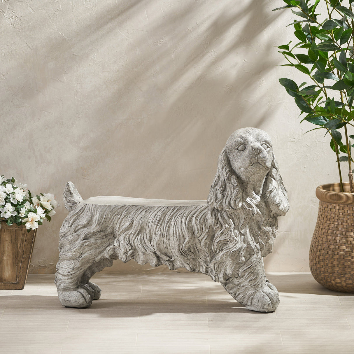 Charming Cocker Spaniel Dog Statue Bench Gray Magnesium Oxide