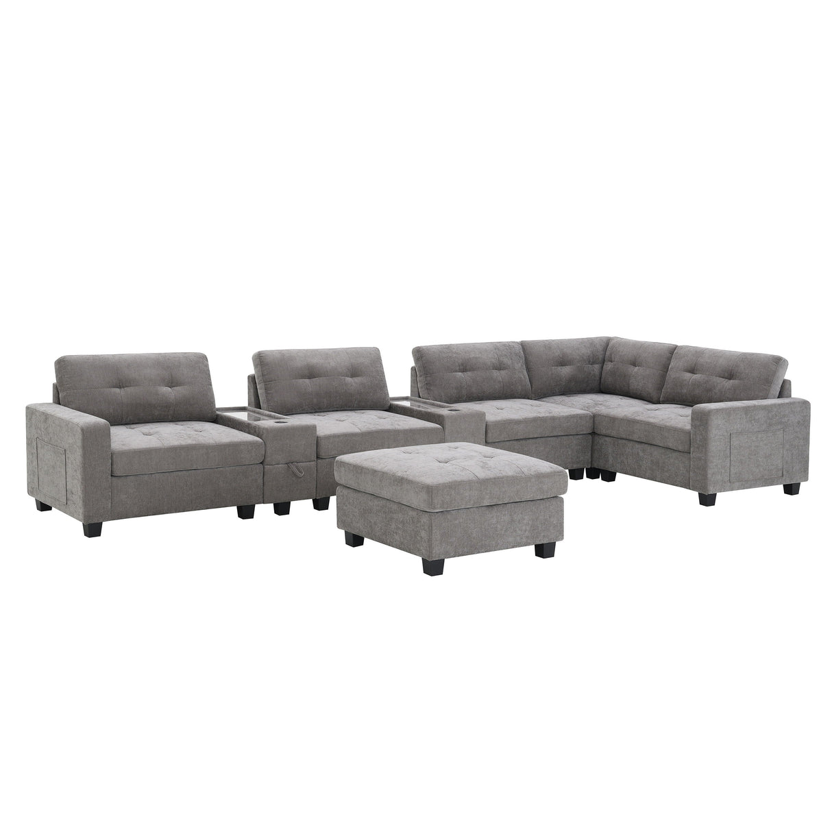 Sectional With Acrylic Table Top U Shaped Couch Set With 2 Consoles USB Charger, Storage Drawers And Pockets Movable Ottoman Tufted Sofa by Couch.com