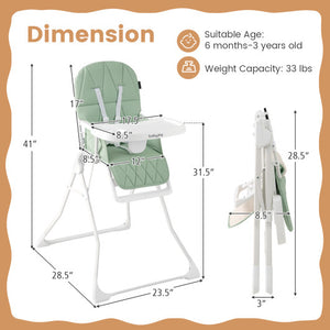 Easy Clean Compact Highchair with Removable Adjustable Tray and PU Seat Cushion-Green