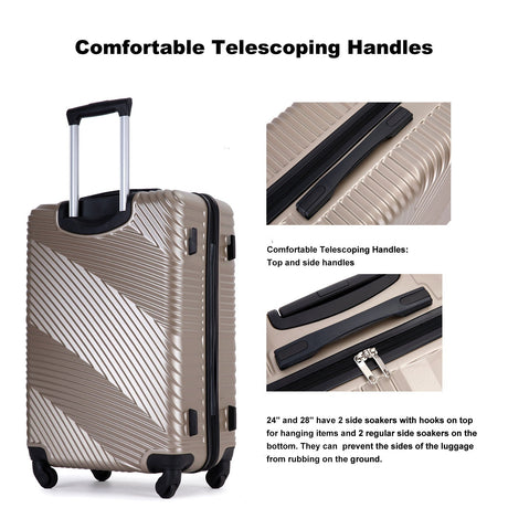 A beige suitcase with a textured diagonal striped pattern features telescoping top and side handles, spinner wheels, zipper, lock, and side handles. The 3 Piece Luggage Set includes lightweight suitcases with two hooks for enhanced protection and convenience.