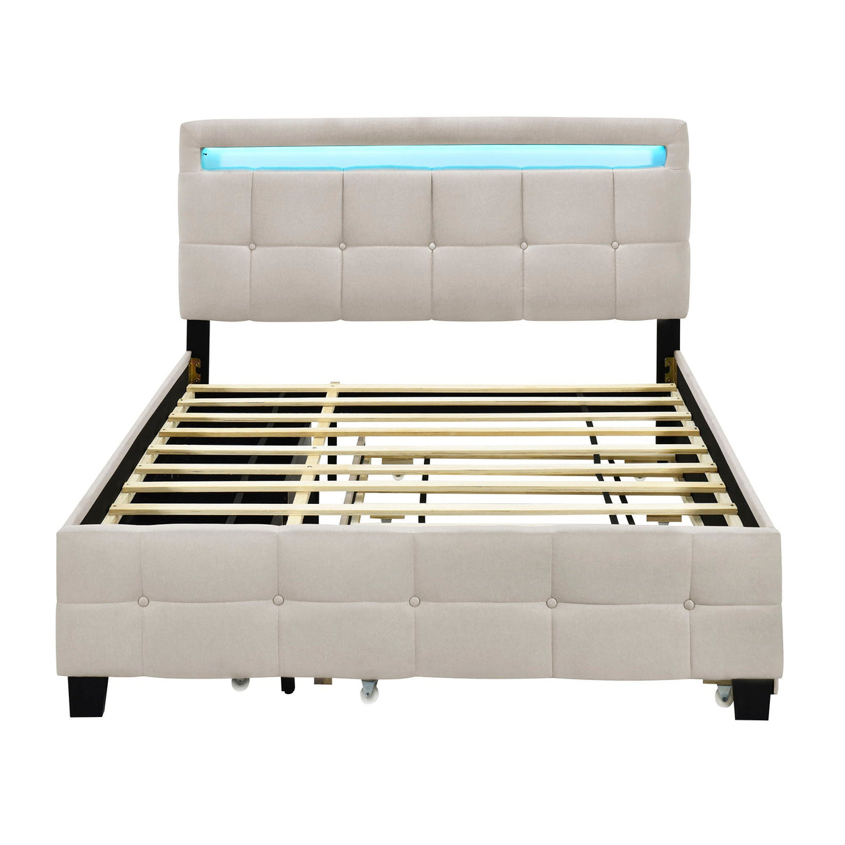 A beige Upholstered Platform Bed with a tufted headboard, featuring an upper horizontal LED light strip, black legs, wooden slats, and no mattress. It includes a trundle and two drawers.
