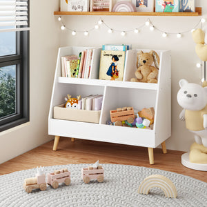 Kids Bookshelf And Toy Organizer, 5 Cubbies Wooden Open Bookcase, 2-Tier Baby Storage Display Organizer With Legs, Free Standing For Playing Room, Bedroom, Nursery, Classroom - White by Couch.com