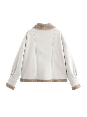 Fuzzy Collared Neck Long Sleeve Jacket with Buttoned Closure and Cozy Pockets
